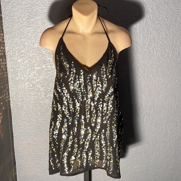 BKE BOUTIQUE - tank: black sequin flamed halter w adj. & elastic neck w tie - L - Picture 2 of 16